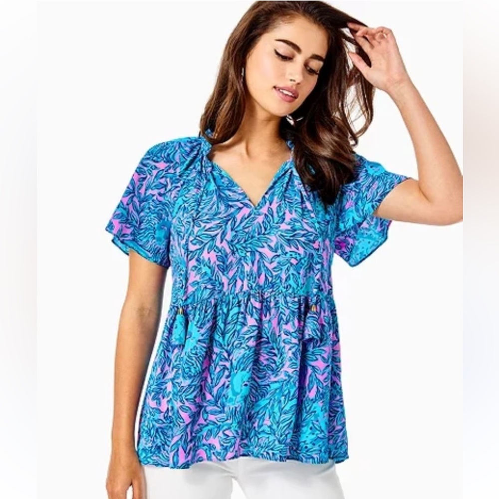 Lilly Pulitzer Blue and Pink Floral Short Sleeve Blouse